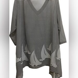 Black and White Striped V-Neck Top with Sailboat Design
